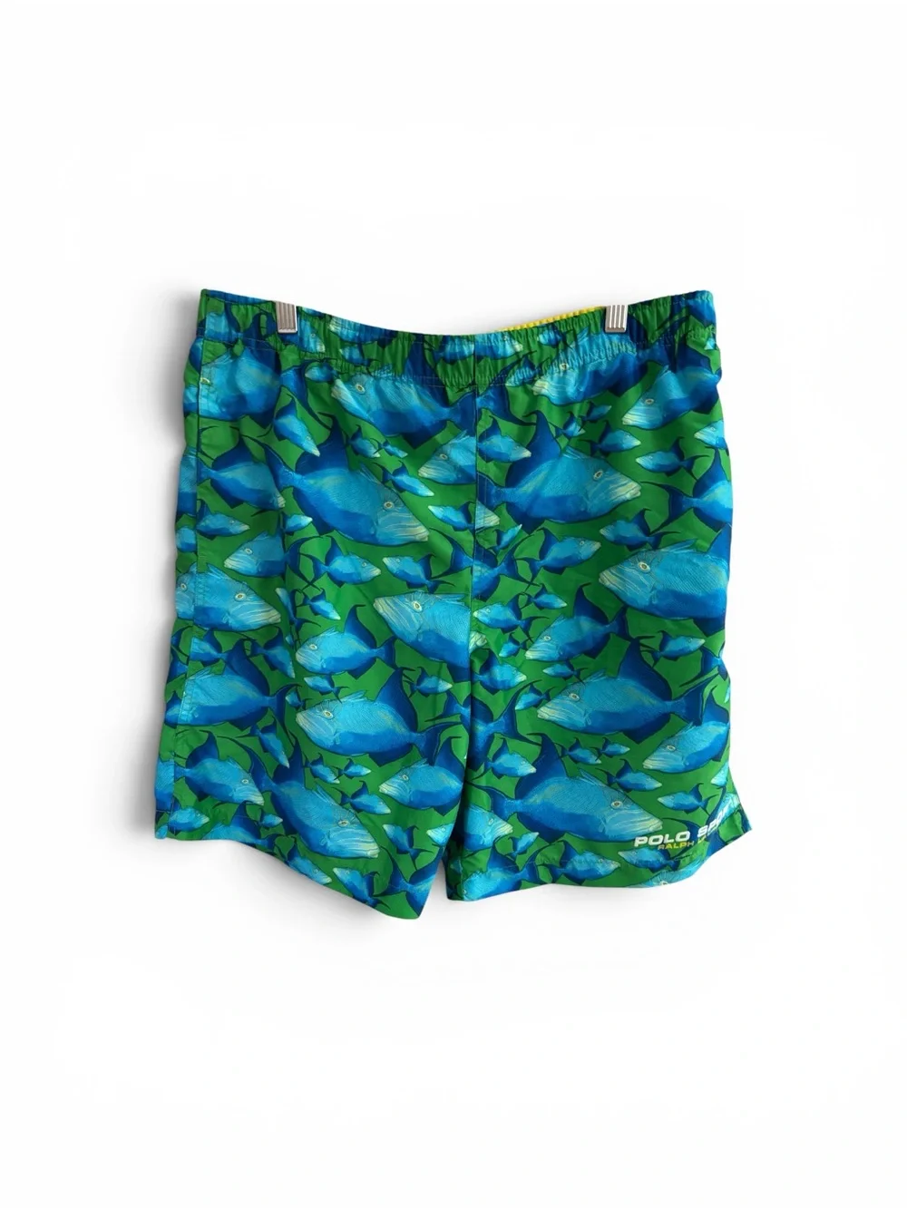 Polo Ralph Lauren Green & Blue Fish-Print Swim Trunks Y2K Mens M Mesh Lined